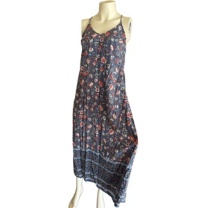 Antiguo Vestido Azul Marino M Maxi Floral Fluido Bohemio Tirantes Sin Mangas - Imagen 1 de 5