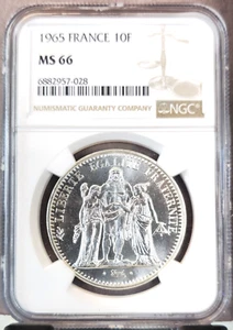 1965 FRANCE SILVER 10 FRANCS HERCULES NGC MS 66 SCARCE GEM BU BEAUTY - Picture 1 of 3