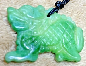 Green Jade Carved Dragon Pendant on Black Silk Cord 1.25” X .75”/ 17" Cord=32" - Picture 1 of 12