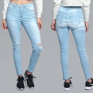 American Bazi Women's Casual Back Striped Knee Slit Skinny Jean RJHL009 - Picture 1 of 7