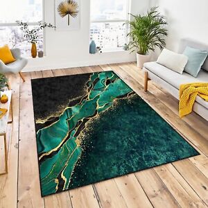 Emerald Green Marble Decor, Gold Marble Abstract Rug, Area Abstract Rug, Floor
