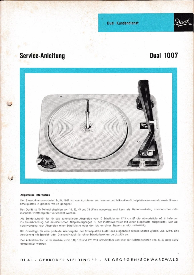 Service manual for Dual 1007 - Image 1 of 1