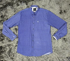 AX Armani Exchange Shirt Mens Large Blue Geometric 80s Two-Ply Cotton Button-Up - Picture 1 of 20