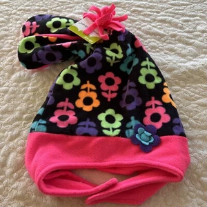 NEW Jumping Beans Girls Black Pink Green Purple Flowers Fleece Hat Mittens 2T-4T - Picture 1 of 9