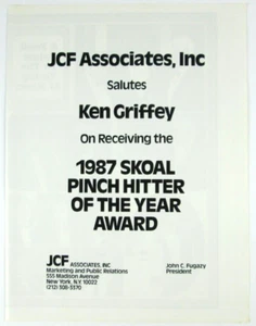 VTG 1987 JCF Associates Salutes Ken Griffey Baseball Skoal Pinch Hitter Award - Picture 1 of 1