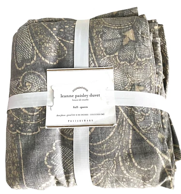 Edredón Pottery Barn Leanne Paisley Completo Queen Gris Tejido Lino Mezcla Algodón Nuevo con Etiquetas Foto 1 de 4