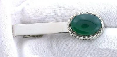 ONE - 2 INCH OVAL 18x13 GREEN AGATE CAB GEMSTONE GEM SILVER COLOR TIE CLIP BAR  - Image 1 of 2