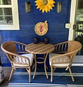 Rattan Conversation Set 3 Pc Patio Furniture Beige Cushion Chairs Table Outdoor - Picture 1 of 11