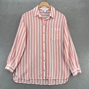 Old Navy Shirt Womens Small Boyfriend Pink Striped Linen Blend Button Up Collar - Picture 1 of 11