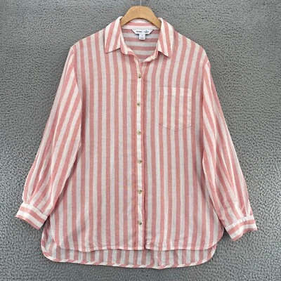 Old Navy Shirt Womens Small Boyfriend Pink Striped Linen Blend Button Up Collar - Image 1 of 4