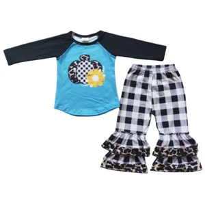 Girls Pumpkin Print Long Sleeve Plaid Ruffle Pants Set 2pcs Pumpkin Patch Outfit - Picture 1 of 1