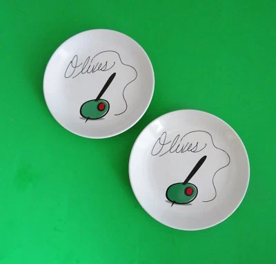 Appetizer Plates Boston Warehouse Green Olive On Pick Motif 6 Inch Pair - Image 1 of 4