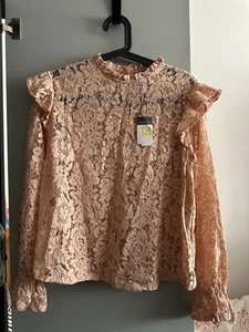 Primark Size 14 Eur 42 L Pink Lace Long Sleeve High Neck Blouse Top Summer Top - Picture 1 of 12