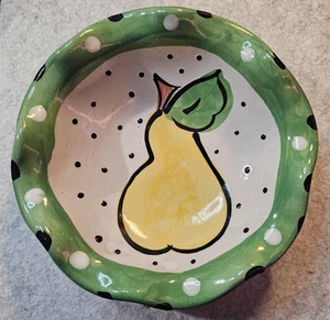Hand Painted Pear Design Ceramic Bowl 6.5" Green Polka Dot Rim Retro Cottagecore - Picture 1 of 2