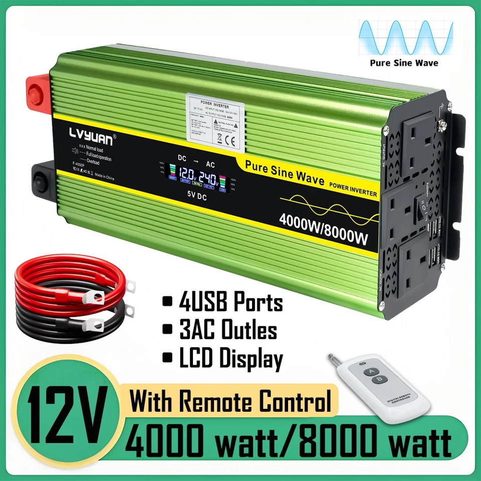4000W 8000W Pure Sine Wave Power Inverter 12V to 240V 4USB 3AC LCD Car Converter - Image 1 of 4