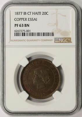 1877 IB CT Haiti 20 Centimes Copper Essai NGC PF63BN - Image 1 of 4