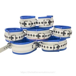 7 Piece Heavy Duty Padded Bondage Restraint blue and white Leather With Eyelets - Picture 1 of 5