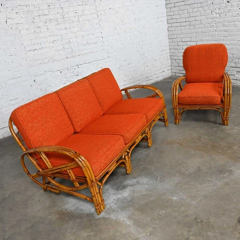 Triple Strand Rattan Sofa & Chair Orange Fabric Cushions Style Heywood Wakefield Cover