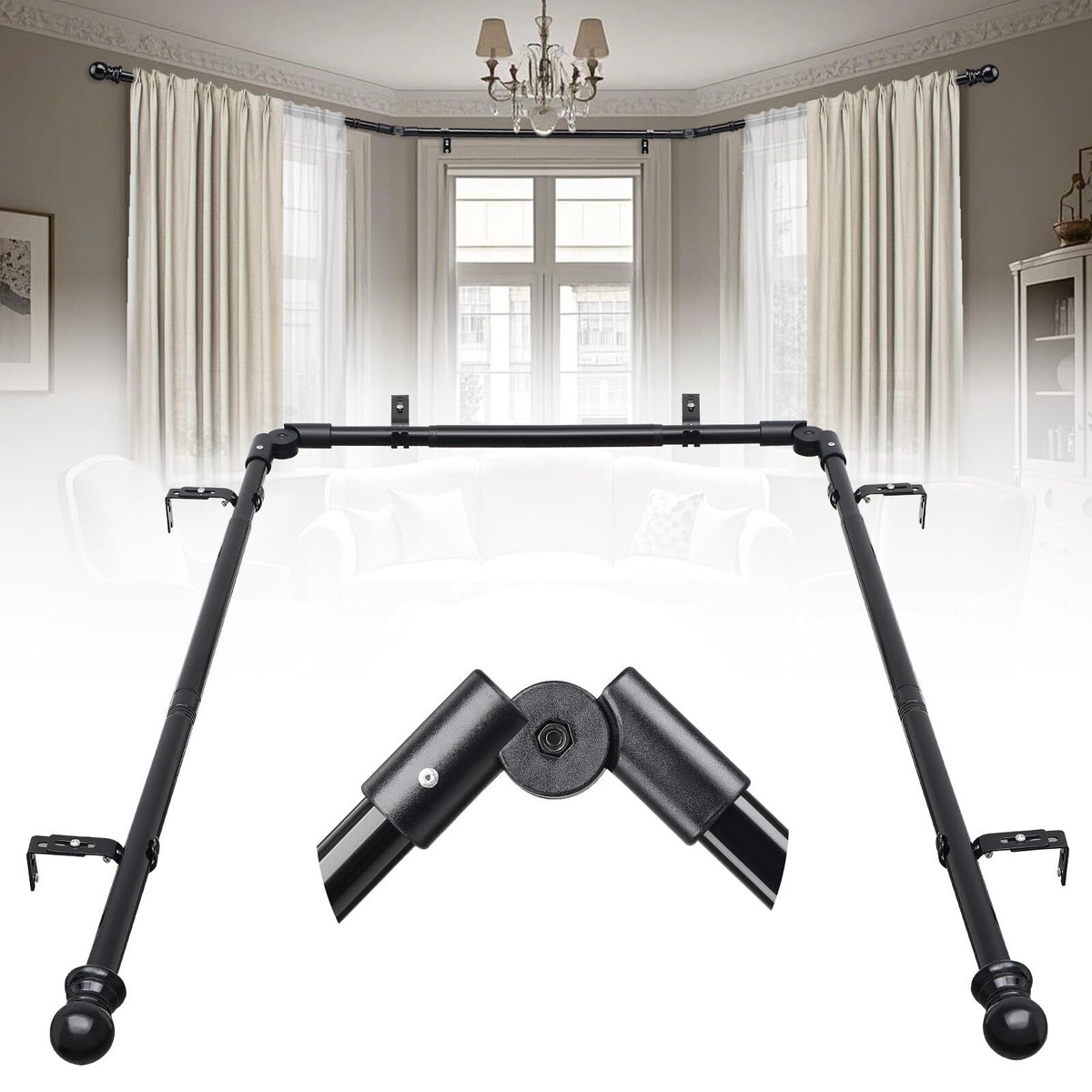 Barra De Cortina En L Ajustable Para Ventanales - Negro - 76-345 Cm