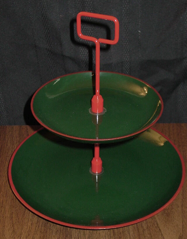 S * S 2 NIVELES LACADO JAPONÉS PLATO DE SERVIR VERDE CON ACENTO ROJO NUEVO EN CAJA Foto 1 de 1