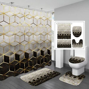 4 Pcs Bathroom Shower Curtain Set with Non-Slip Rugs, Toilet Lid Cover and Bath - Picture 1 of 6