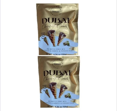 2 Pack  Dubai Chocolate Waffle Cones Milk Chocolate Knafeh Pistachio Cones - Image 1 of 3