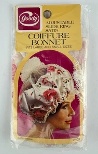 Goody Coiffure Satin Hair Bonnet Pink Flowers Adjustable # 109 New Vintage NOS - Picture 1 of 5