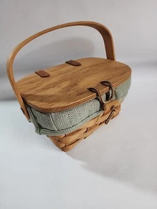 Signed 1992 Longaberger Wood Splint Small Picnic Basket Hinged Lid Purse - Picture 1 of 12