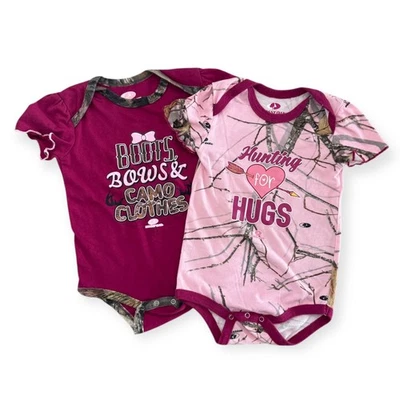 Mossy Oak 24M Baby Girl Bodysuit Bundle Hunting Camo Boots Bows Clothes - Image 1 of 4