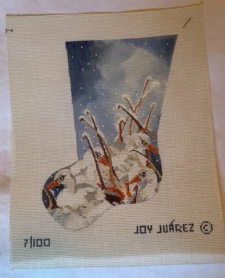 Small Christmas Stocking geese in snow, Needlepoint Canvas Joy Juarez VTG, new - Image 1 of 3