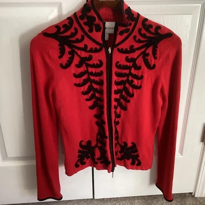 Victor Costa ~ шикарный красный с черный бархат вышивка молнии кардиган свитер куртка ~ M - Изображение 1 из 4