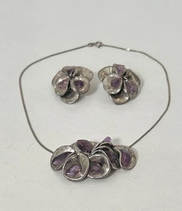Collana e orecchini vintage italiani sterling .925 e ametista forma floreale 17" - Foto 1 di 5
