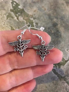 NP Earrings Dangle Wire Hook Silver Alloy Nurse Practitioner Health Care Medical - Picture 1 of 3