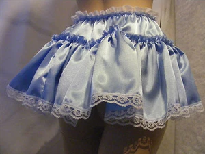 SISSY ADULT BABY SEXY FANCY DRESS BLUE SATIN MICRO MINI FRILLY SKIRT 11"LONG - Picture 1 of 3