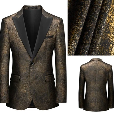 Hombres Traje Jacquard Dorado Satén Pico Solapa Chaqueta Sencillo Pecho Fiesta Moda Foto 1 de 4