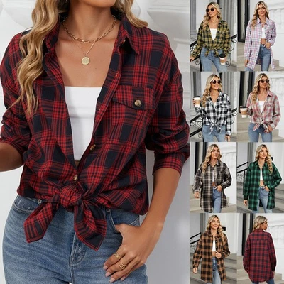 Women Baggy Coats Check Boyfriend Blouse Shacket Button Up TOPS Shirts Plus Size - Image 1 of 4