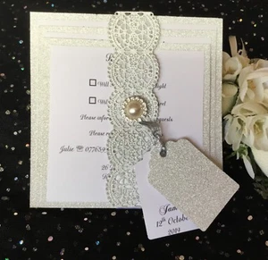 VINTAGE, RUSTIC, LASER CUT BAND SILVER SPARKLE BLUSH, WEDDING INVITATION - Picture 1 of 7