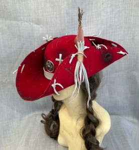 Unisex Red Tricorn Pirate Hat Renaissance Feathers Steampunk Distressed 57cm (4) - Picture 1 of 6