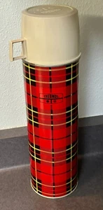 ~~Vintage 1960's Thermos Bottle Coffee Picnic Thermos Red Plaid W/stopper & Cup - Picture 1 of 11