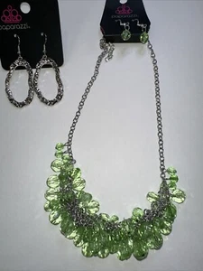 Schmuckset Paparazzi Halskette 2 Ohrringe Silber Grün Modern Statement Retro - Bild 1 von 14