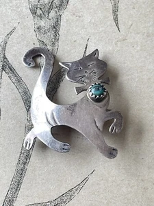 Jolie Broche à décor de Chat en Argent signée L. PATON Sterling Native American - Imagen 1 de 3