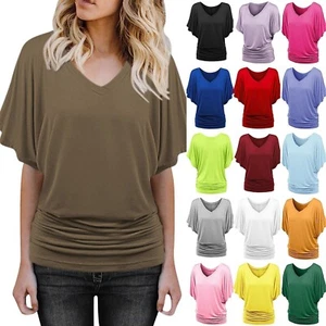 Women's Solid Short Sleeve V Neck Dolman Tops Summer Blouse with Side Shirring - Picture 1 of 72