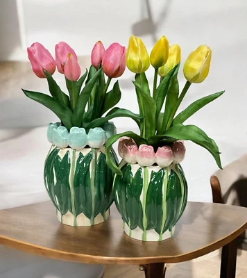 Dekorative Vase Blumenvase Keramik Tulpen Rosa od. Blau Frühling NEU 15,5-17cm - Bild 1 von 2
