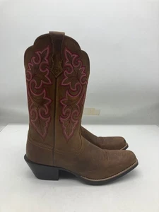 Ariat 10014172 brown leather pink embroidery western cowgirl boots- size 7 B - Picture 1 of 8