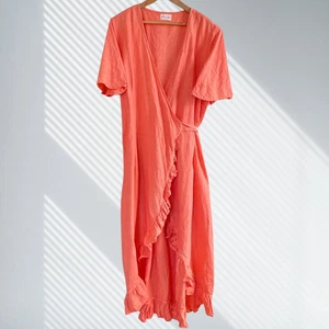 ellementree coral 100% linen wrap maxi dress handmade women’s 4xl ruffle hem - Picture 1 of 6