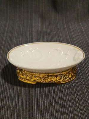 Vintage Ceramic Vanity Oval Soap Dish White And Gold - Image 1 of 4