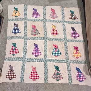 Vintage Sunbonnet Sue Quilt Top bunte Applikation handgenäht Überwurf unvollendet - Bild 1 von 11