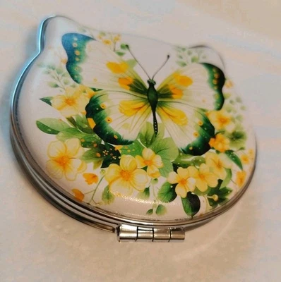 Handheld Compact Folding Doubled-Sided Cosmetic Mirror Chunky 3" Floral Butterfl - Image 1 of 4