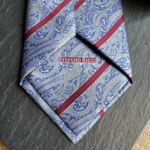 Stefano Ricci Italy Luxury Tie 100% Silk Cranberry Red Stripe Blue Paisley Silk - Picture 1 of 9