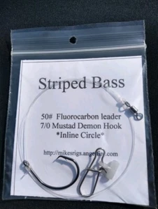 Hand Tied Striped Bass Rigs Striper 7/0 Mustad INLINE Circle Hook Fluorocarbon - Picture 1 of 3